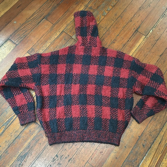 SKIMS Red and Black Buffalo Plaid Sweater Hoodie - Picture 5 of 8